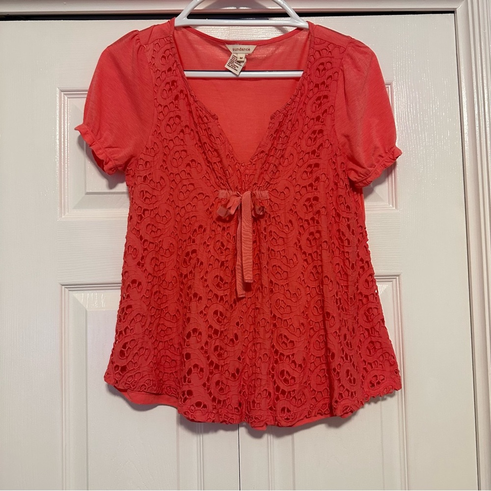 Sundance Eyelet Coral Lace Blouse Women’s Medium M Ruffle Sleeve Top